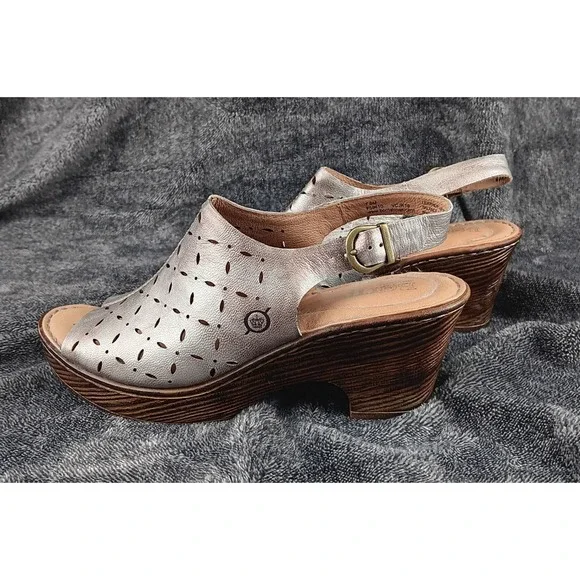 Born F59410 Silver Leather Slingback Wedge Sandals Laser Cut Floral Women's 7.5M - Picture 4 of 9